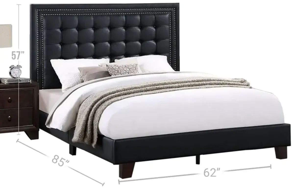 Vea Modern Platform Queen Bed, Deep Tufted Upholstery, Black Faux Leather - Benzara