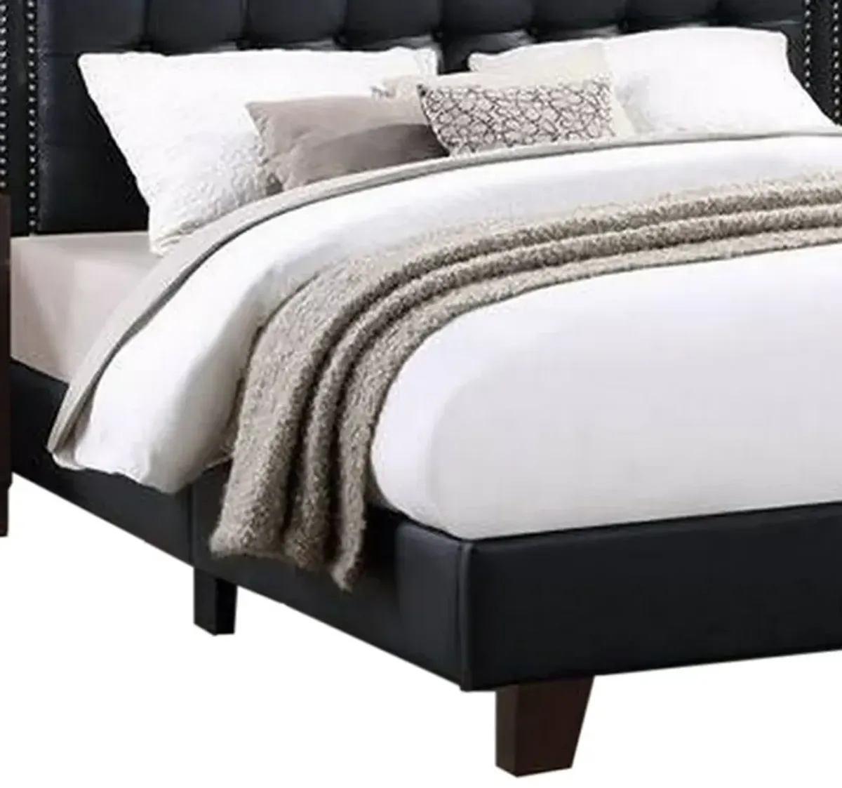 Vea Modern Platform Queen Bed, Deep Tufted Upholstery, Black Faux Leather - Benzara