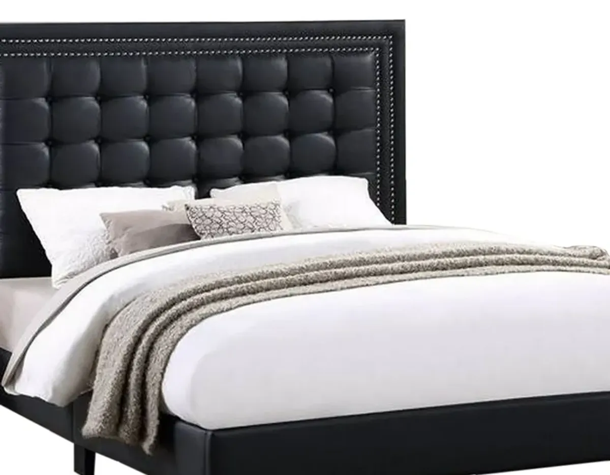 Vea Modern Platform Queen Bed, Deep Tufted Upholstery, Black Faux Leather - Benzara