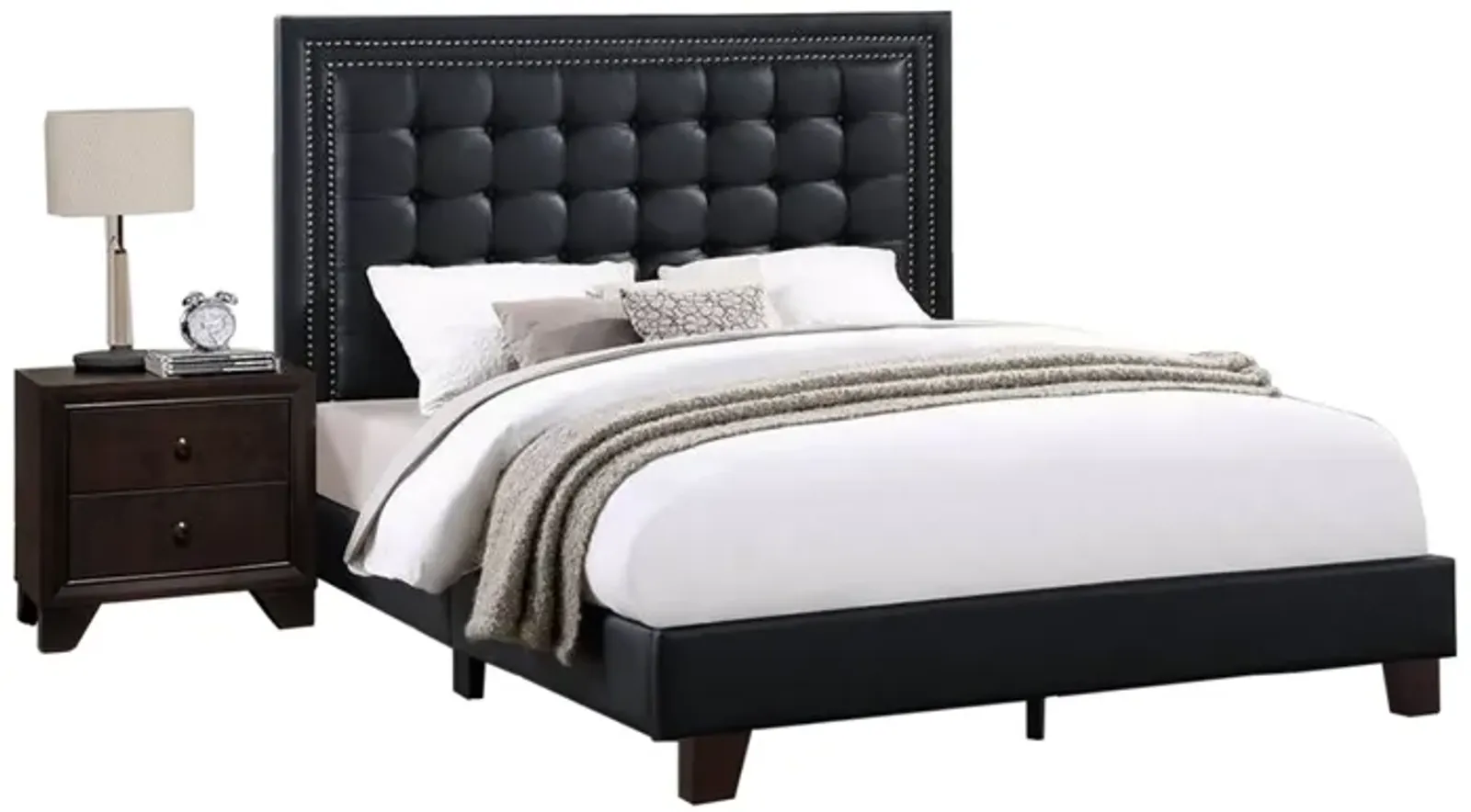 Vea Modern Platform Queen Bed, Deep Tufted Upholstery, Black Faux Leather - Benzara