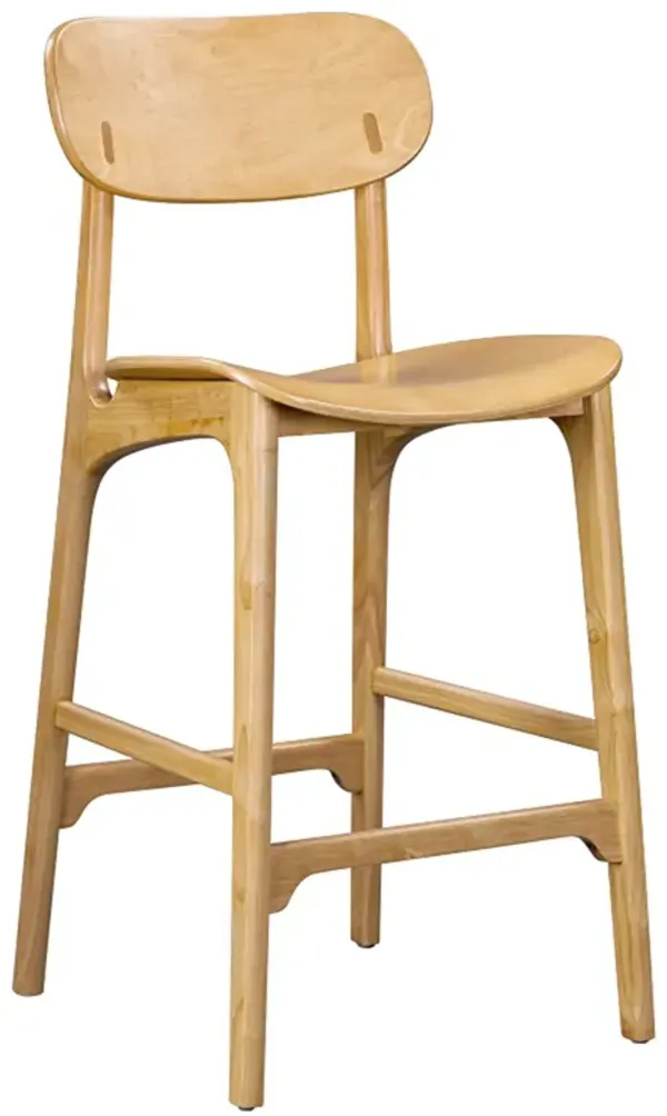 Seln 30 Inch Barstool Chair, Curved Seat, Open Back, Light Brown Wood - Benzara