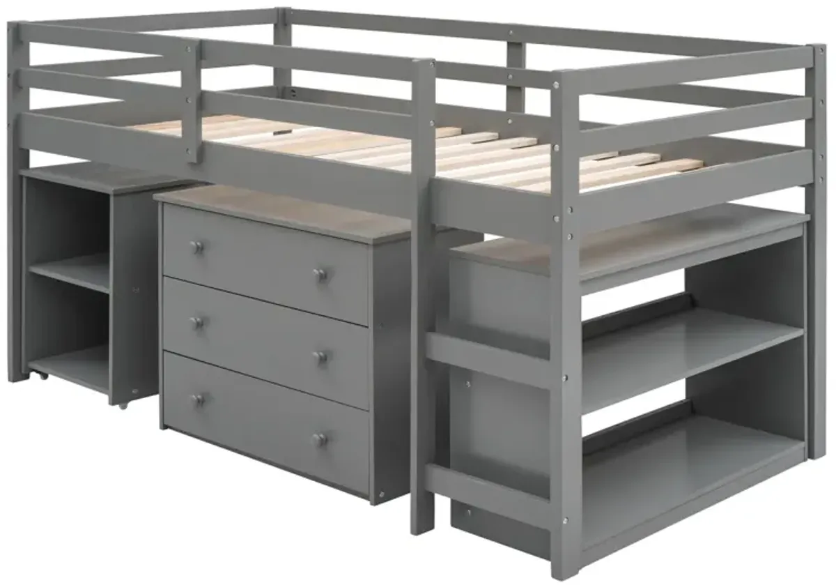 Low Study Twin Loft Bed With Cabinet And Rolling Portable Desk