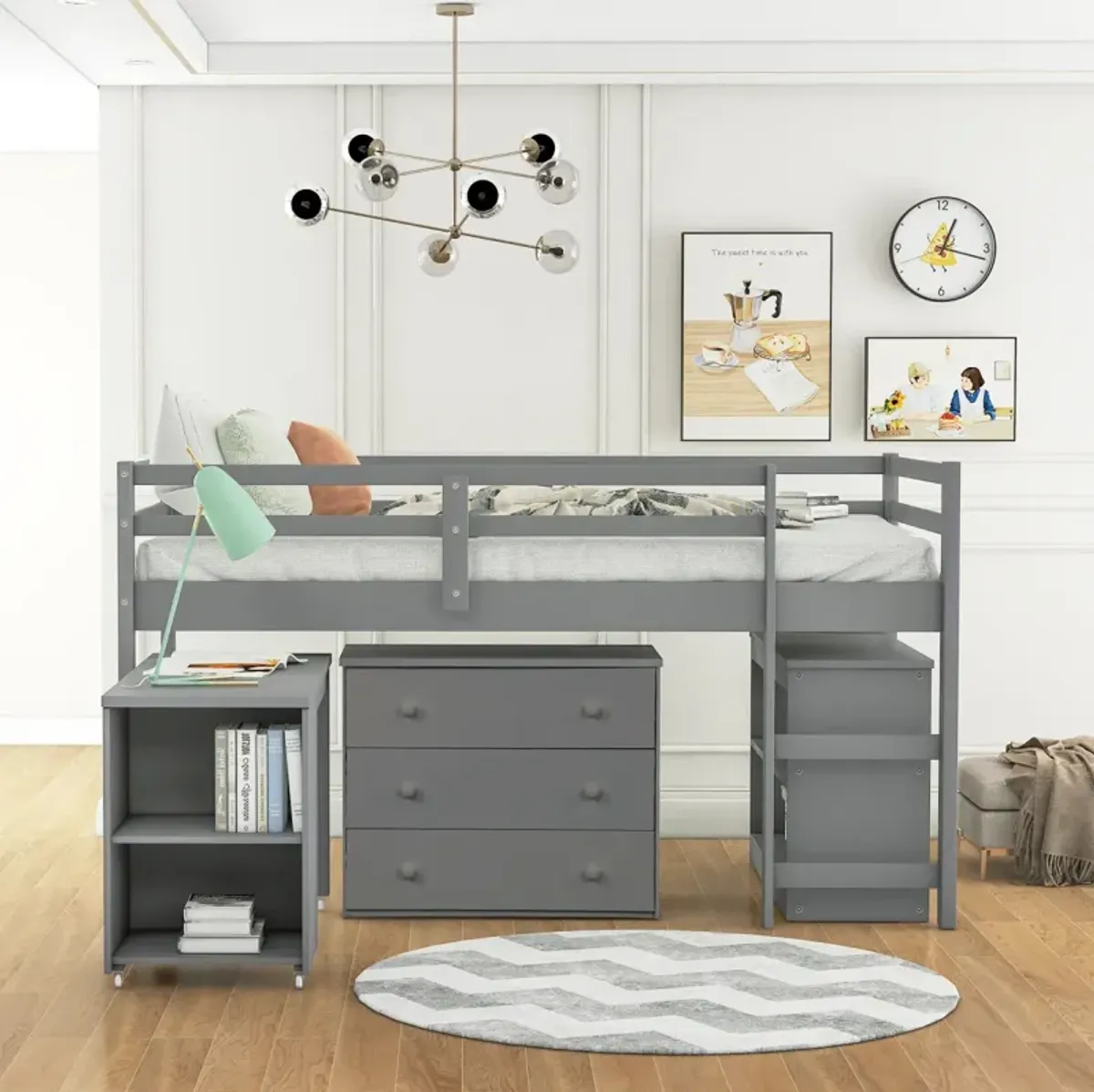 Low Study Twin Loft Bed With Cabinet And Rolling Portable Desk