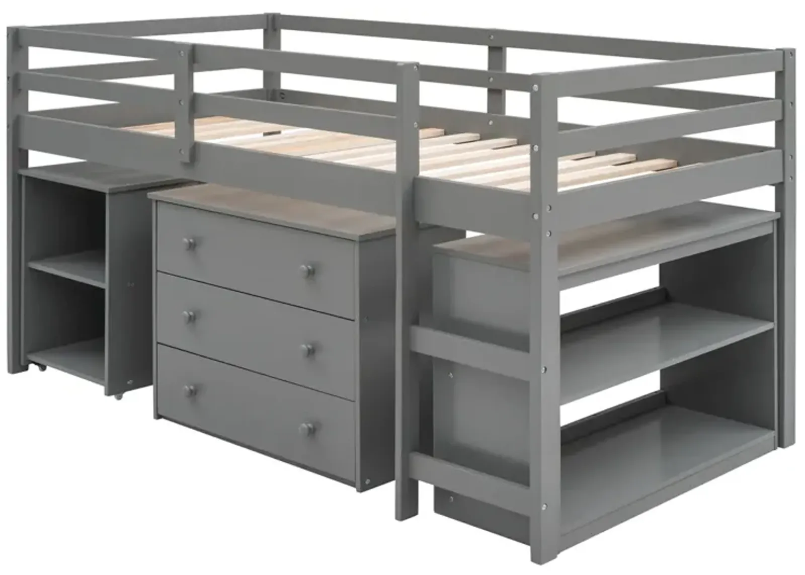 Low Study Twin Loft Bed With Cabinet And Rolling Portable Desk