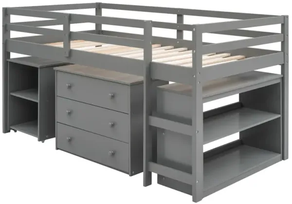 Low Study Twin Loft Bed With Cabinet And Rolling Portable Desk