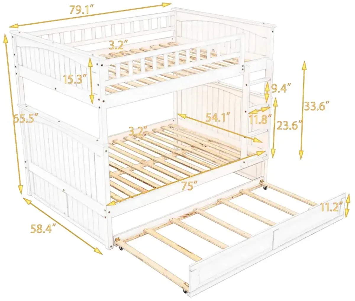 Full Over Full Bunk Bed With Twin Size Trundle, Pine Wood Bunk Bed With Guardrails, Gold