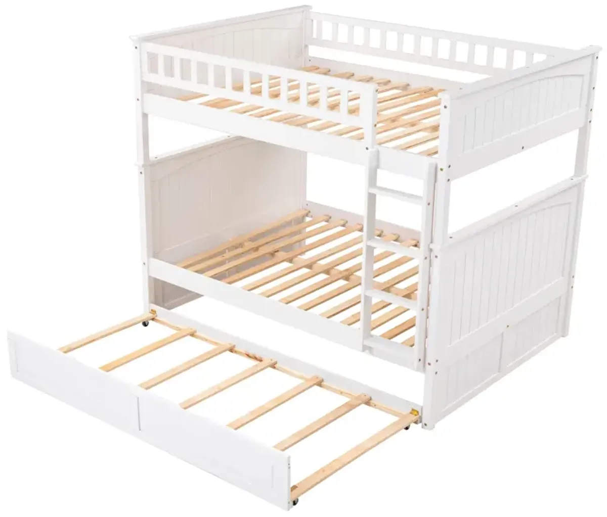 Full Over Full Bunk Bed With Twin Size Trundle, Pine Wood Bunk Bed With Guardrails, Gold