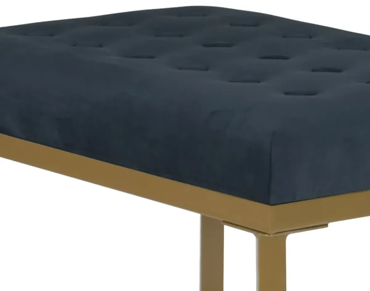 Metal Framed Bench with Button Tufted Velvet Upholstered Seat, Dark Blue and Gold - Benzara