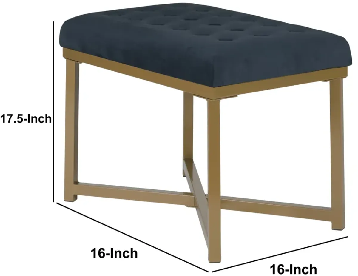 Metal Framed Bench with Button Tufted Velvet Upholstered Seat, Dark Blue and Gold - Benzara