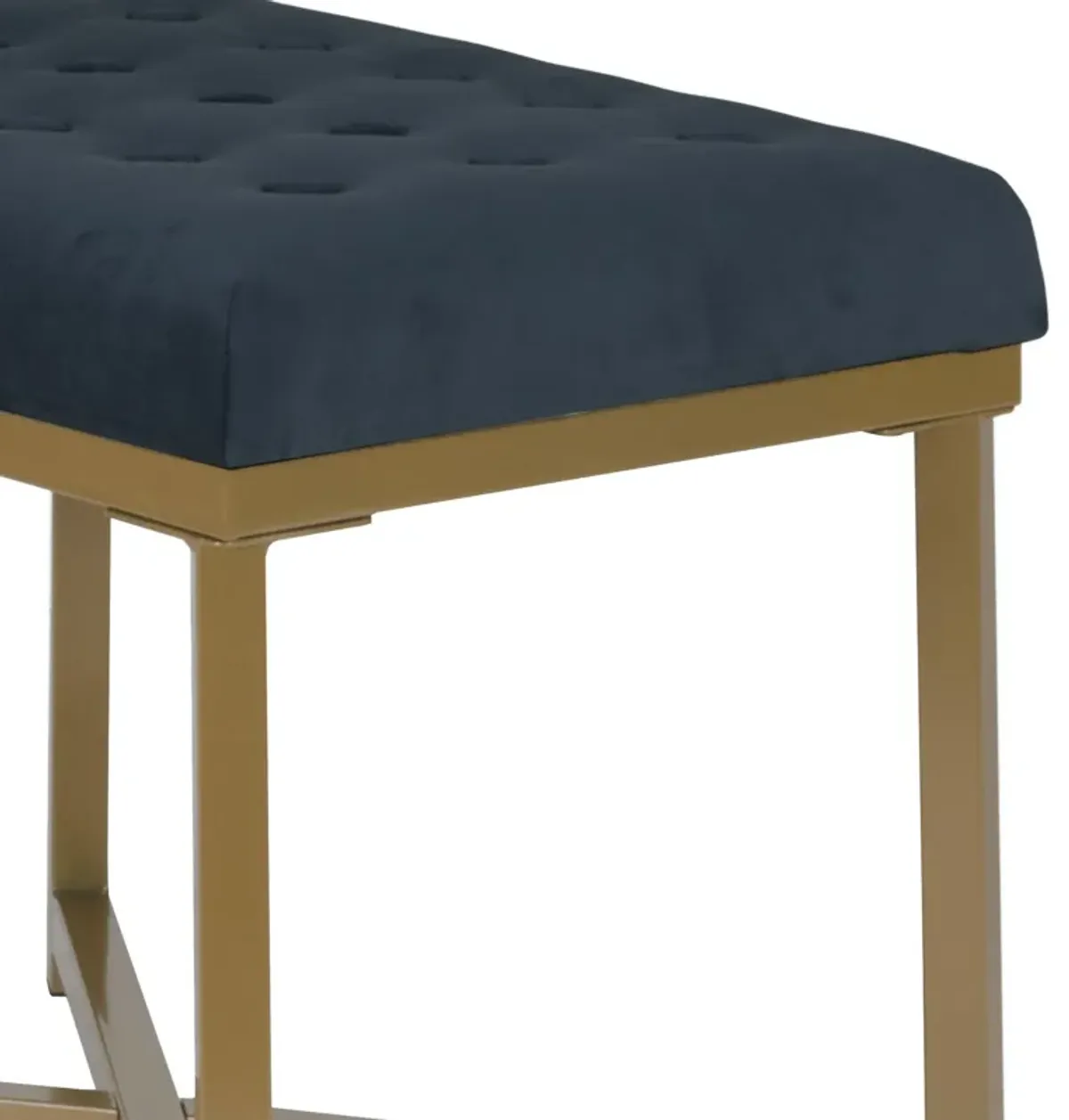 Metal Framed Bench with Button Tufted Velvet Upholstered Seat, Dark Blue and Gold - Benzara