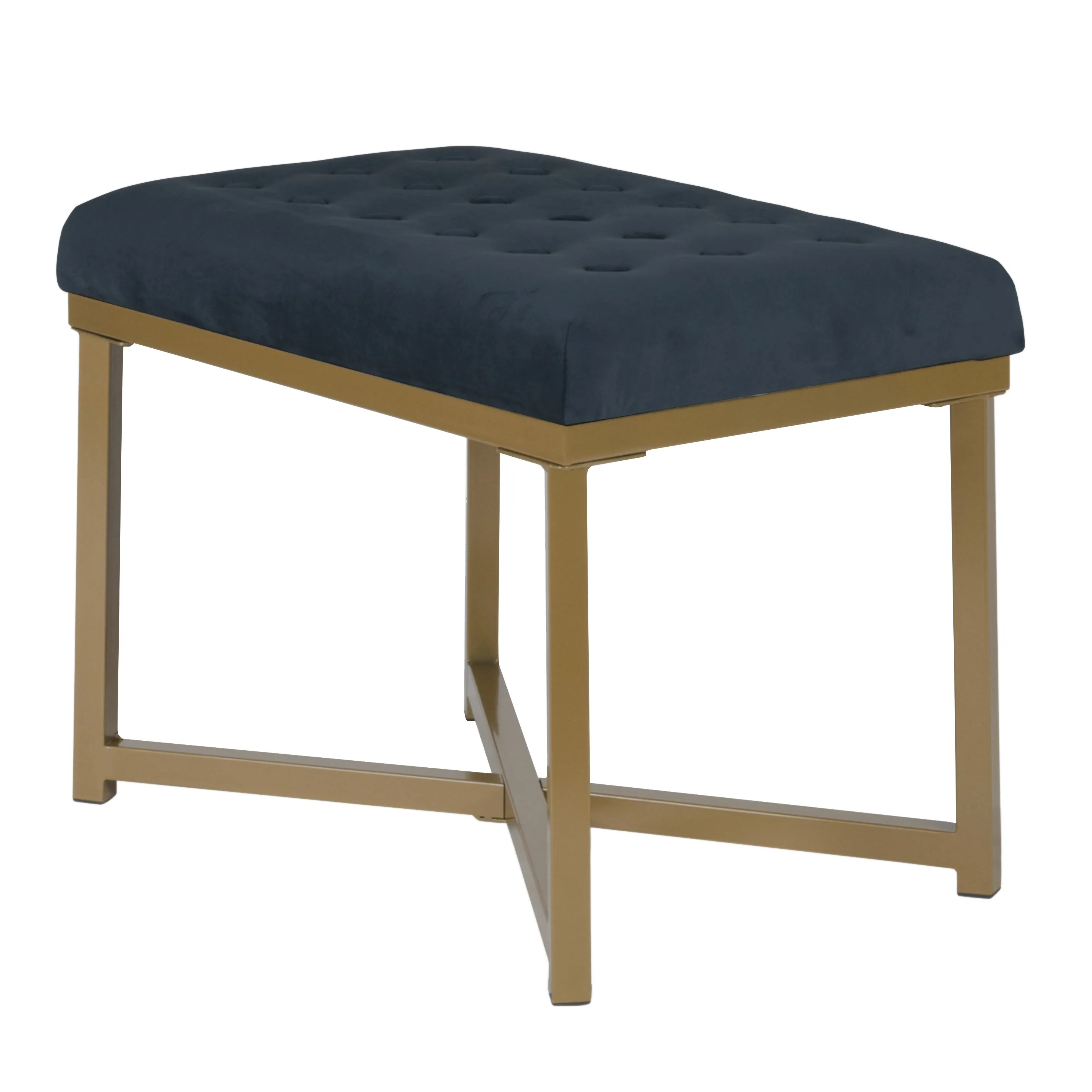 Metal Framed Bench with Button Tufted Velvet Upholstered Seat, Dark Blue and Gold - Benzara