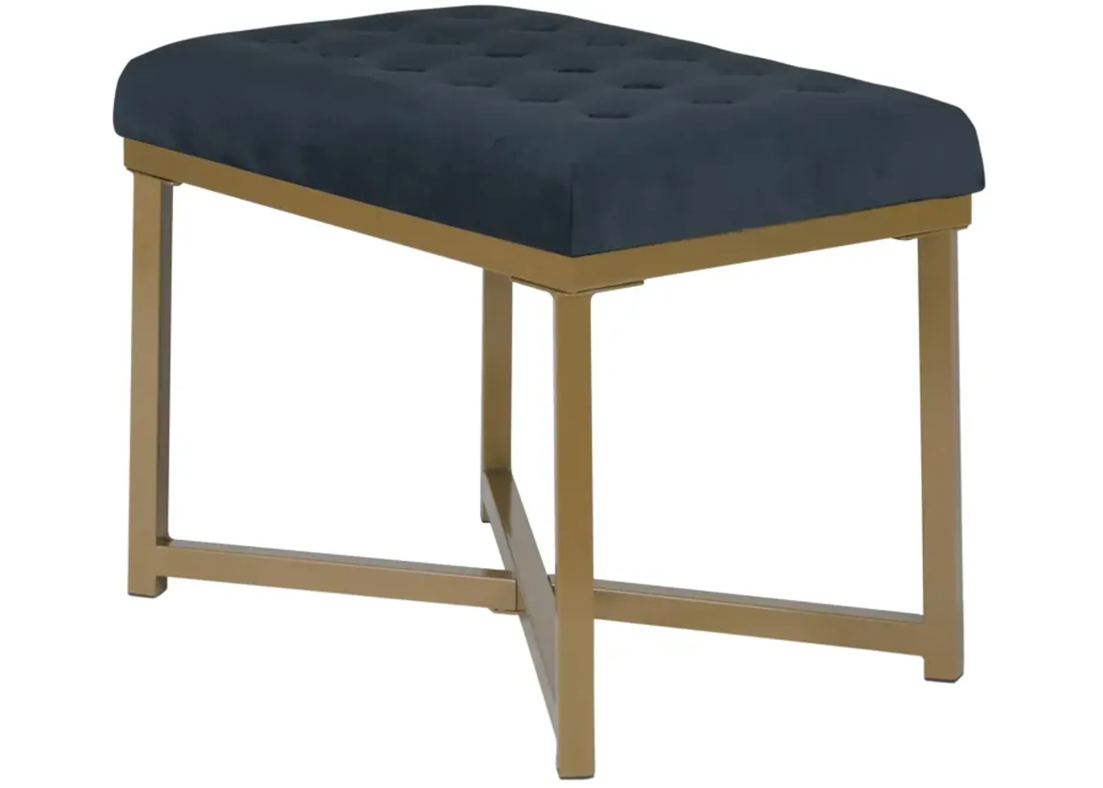 Metal Framed Bench with Button Tufted Velvet Upholstered Seat, Dark Blue and Gold - Benzara