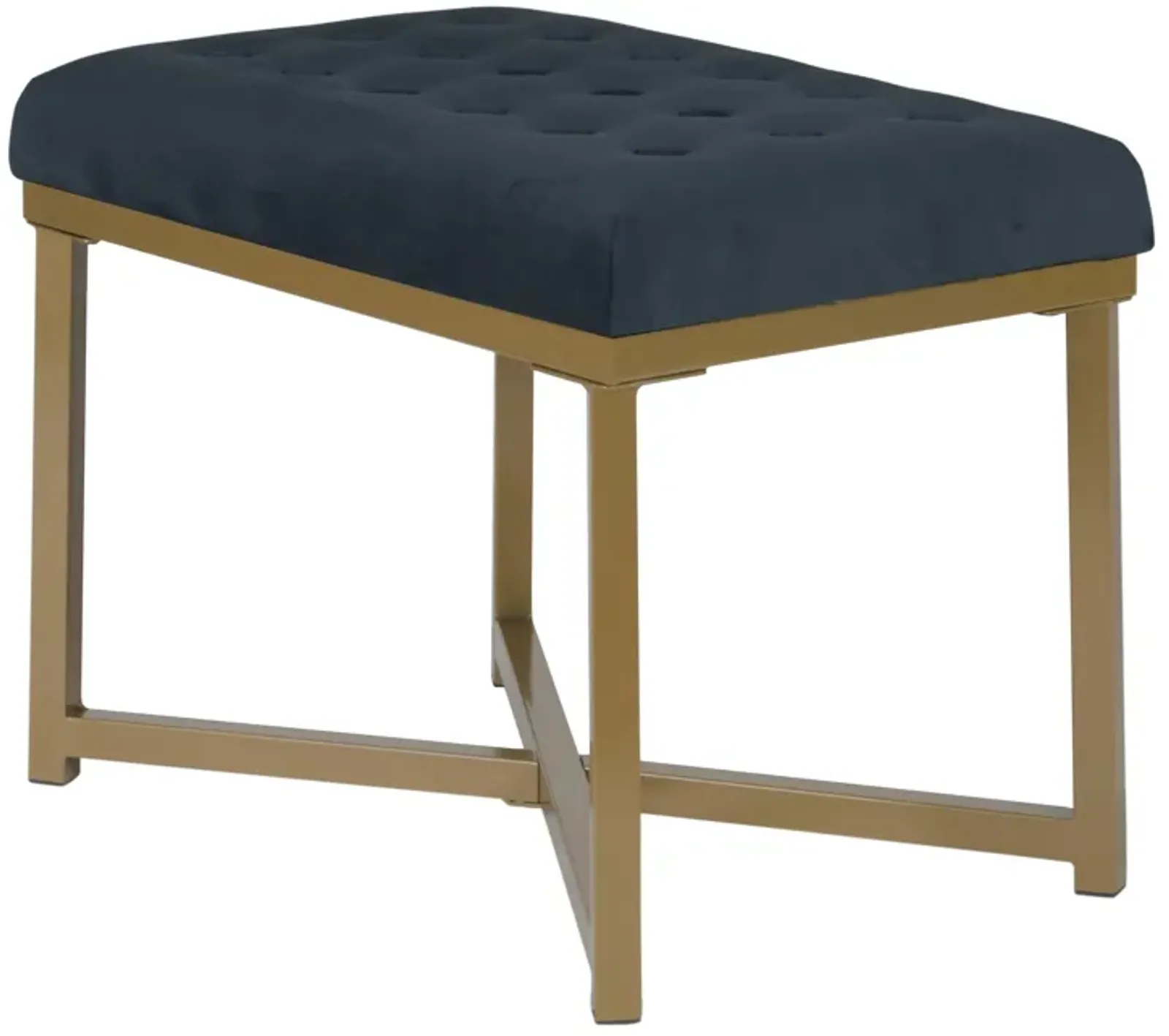 Metal Framed Bench with Button Tufted Velvet Upholstered Seat, Dark Blue and Gold - Benzara