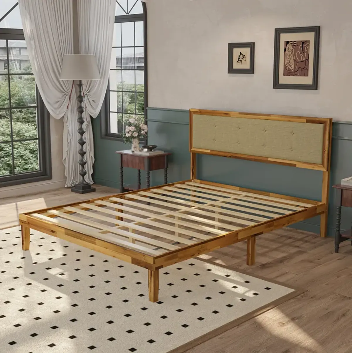FUFU&GAGA Deep Natural Acacia Wood Upholstered Bed Frame with Linen Headboard and Plywood Slats, Queen Size Platform Bed (82.2" L x 63" W x 41.1" H), Brown