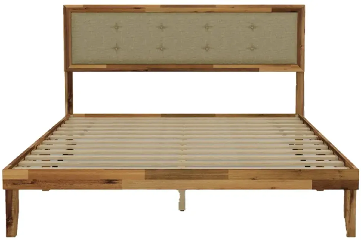 FUFU&GAGA Deep Natural Acacia Wood Upholstered Bed Frame with Linen Headboard and Plywood Slats, Queen Size Platform Bed (82.2" L x 63" W x 41.1" H), Brown