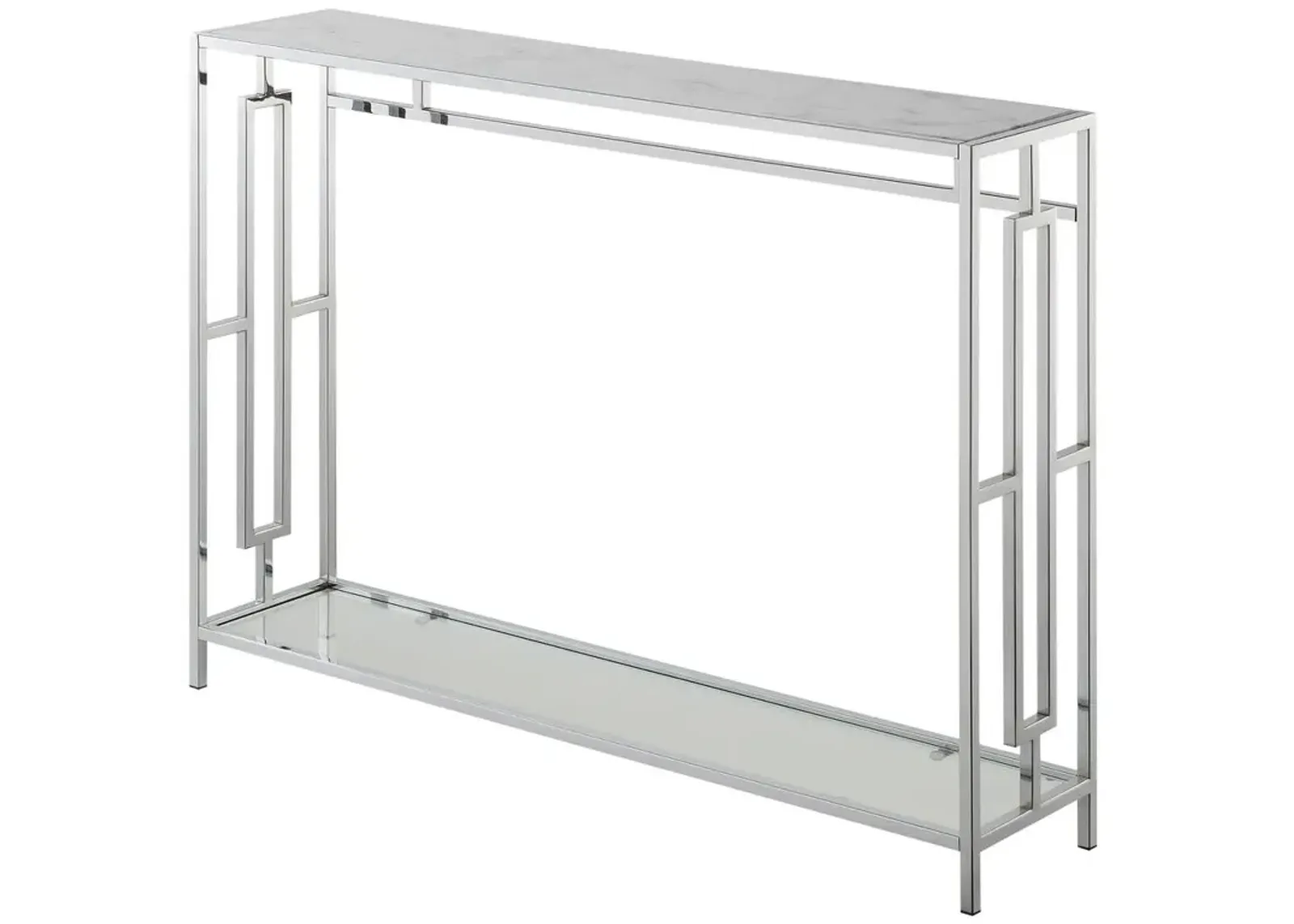 Convenience Concepts Town Square Chrome Console Table with Shelf White Faux Marble/Chrome