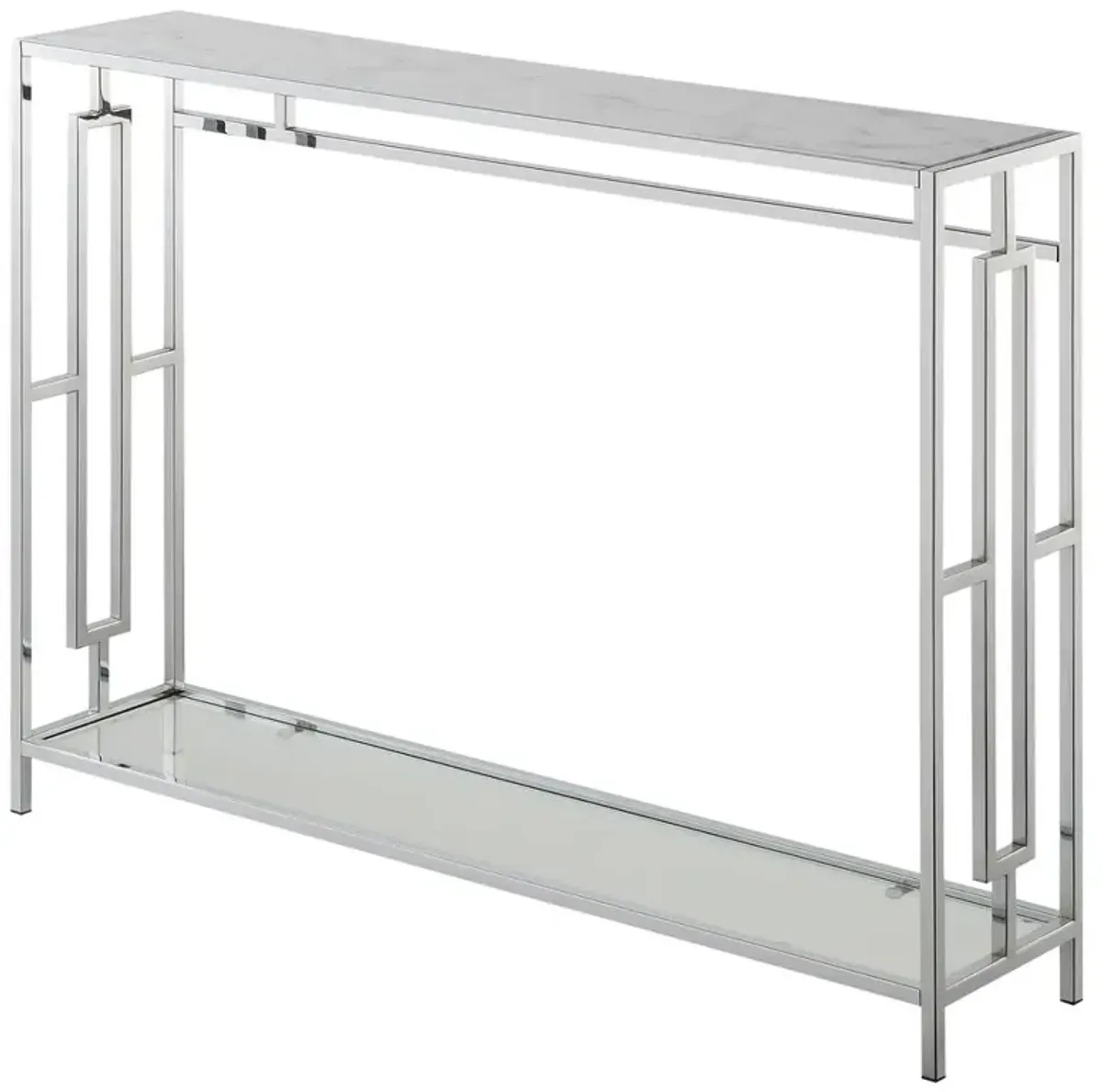 Convenience Concepts Town Square Chrome Console Table with Shelf White Faux Marble/Chrome