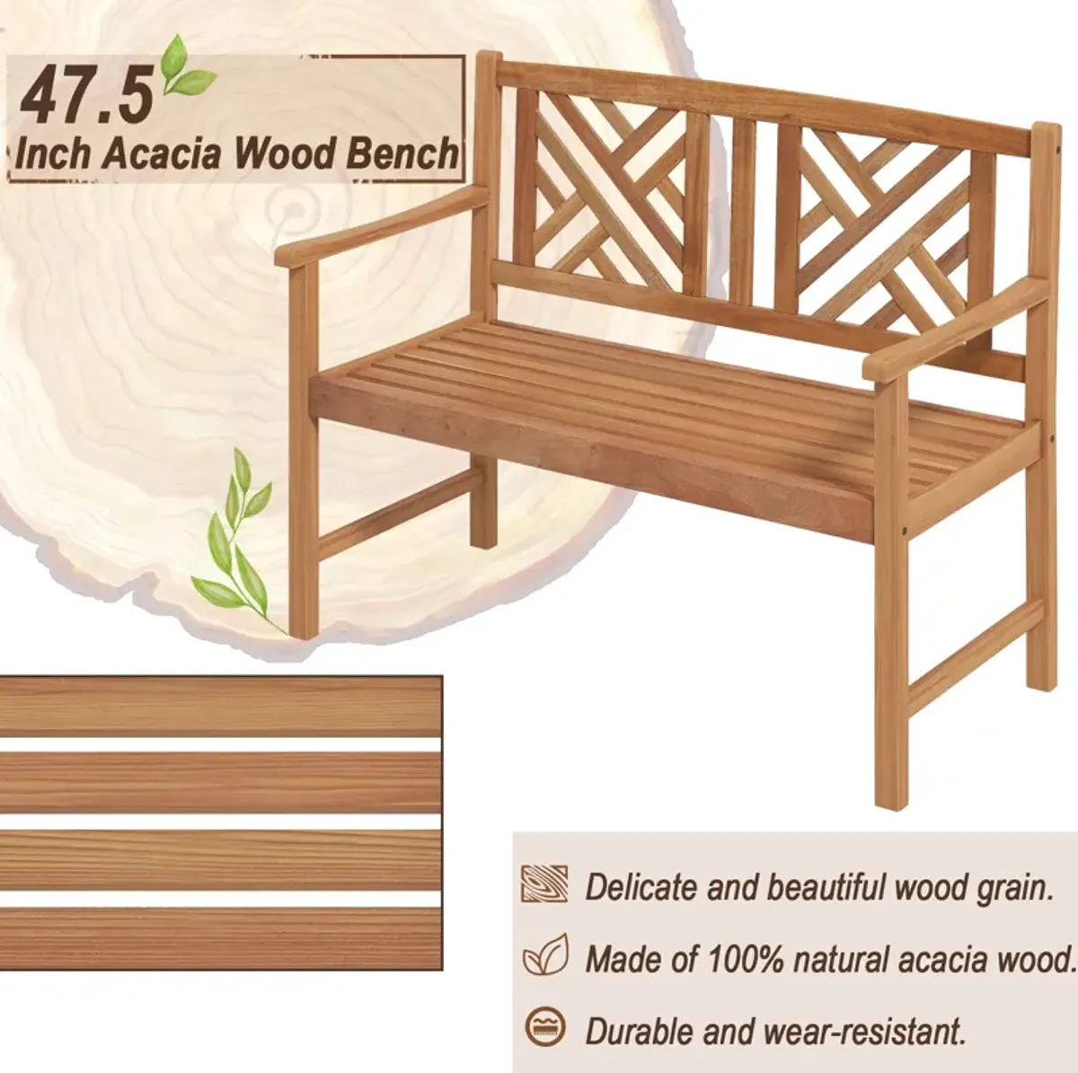 2-Person Wood Outdoor Bench with Cozy Armrest and Backrest-Brown