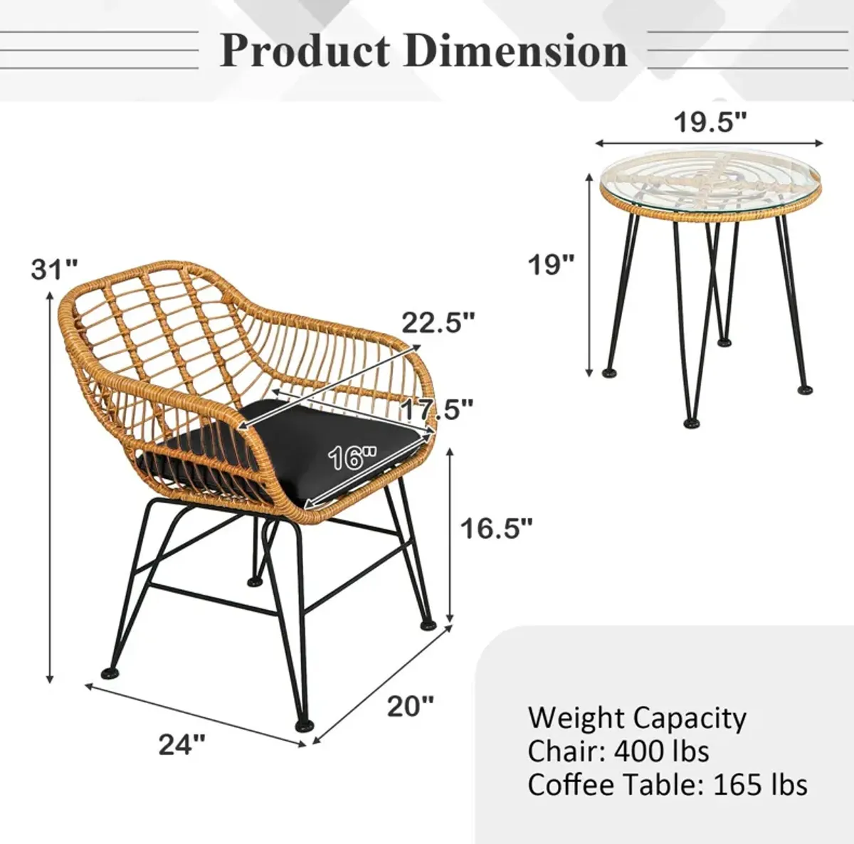 3 Pieces Rattan Furniture Set with Cushioned Chair Table