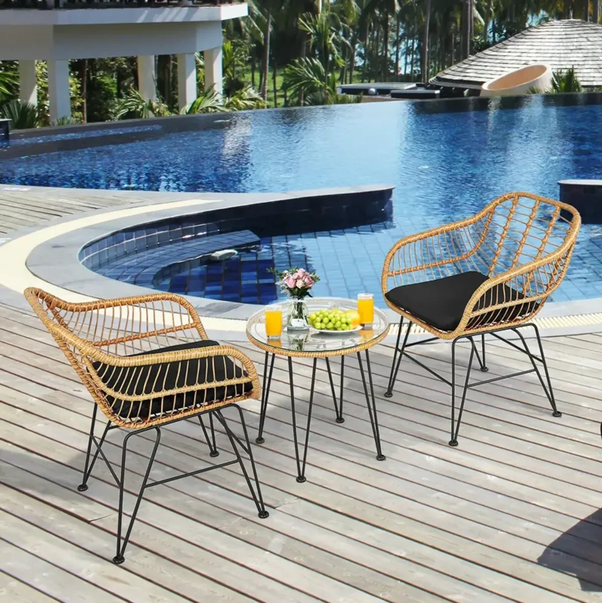 3 Pieces Rattan Furniture Set with Cushioned Chair Table