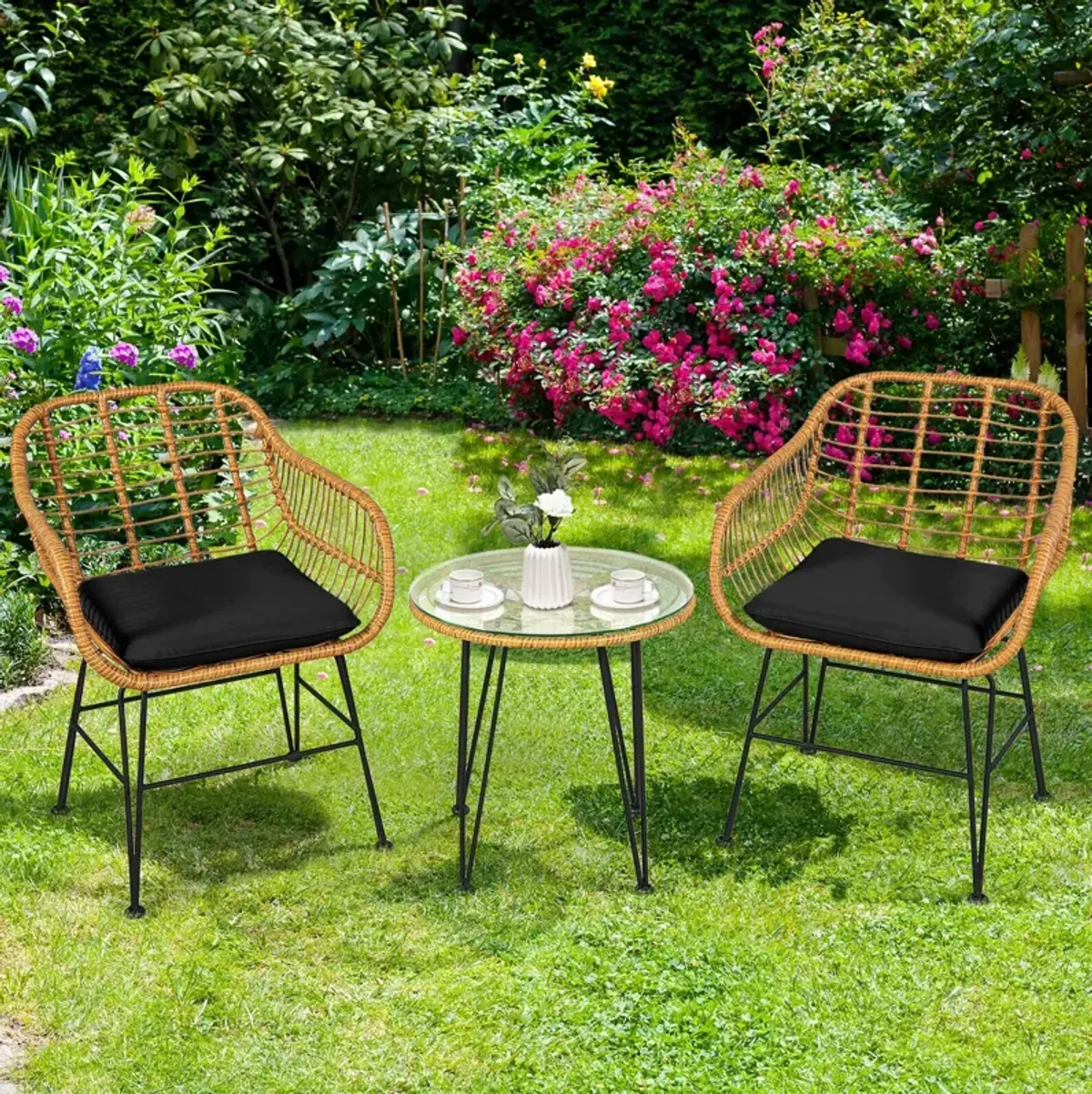 3 Pieces Rattan Furniture Set with Cushioned Chair Table