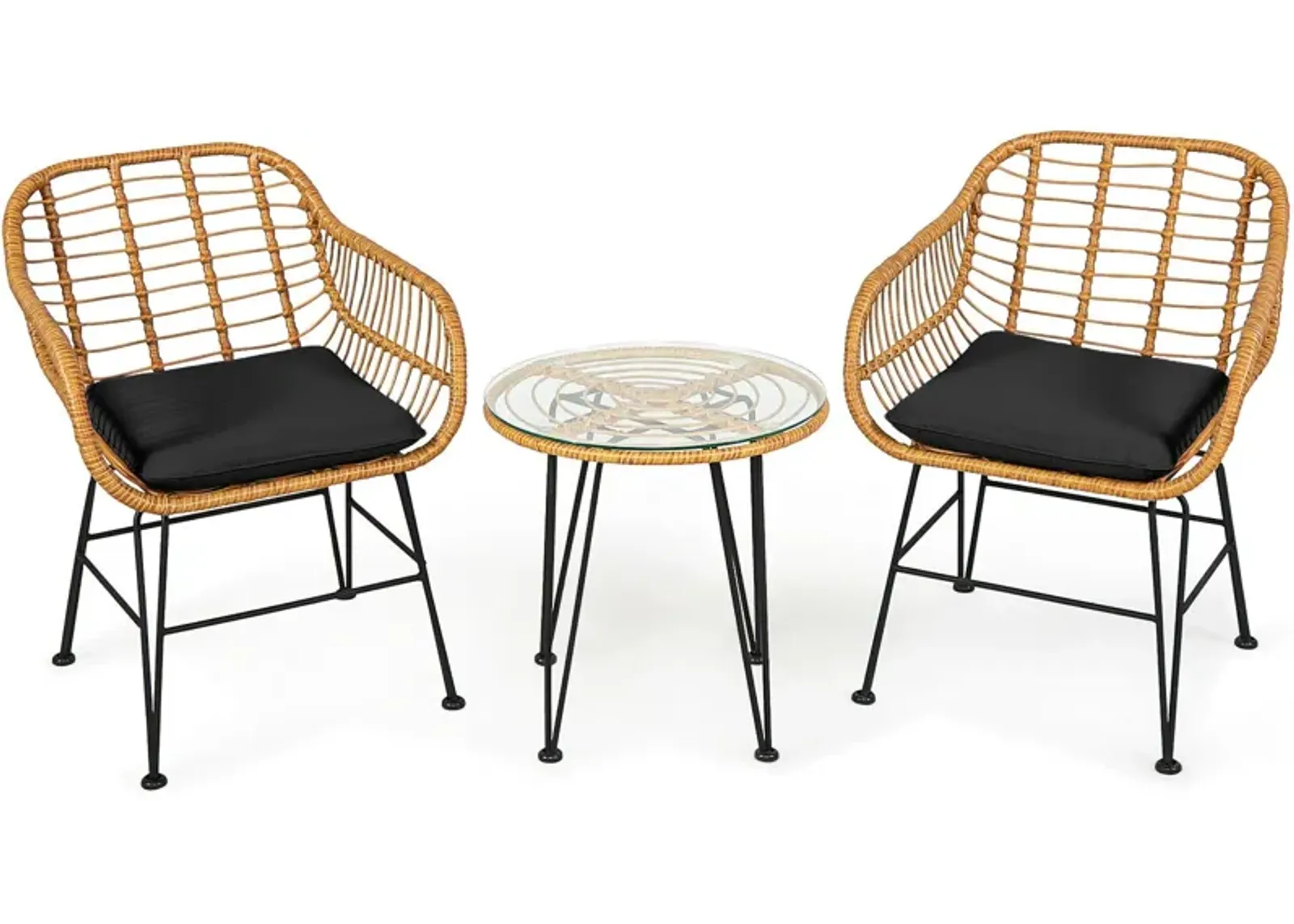 3 Pieces Rattan Furniture Set with Cushioned Chair Table