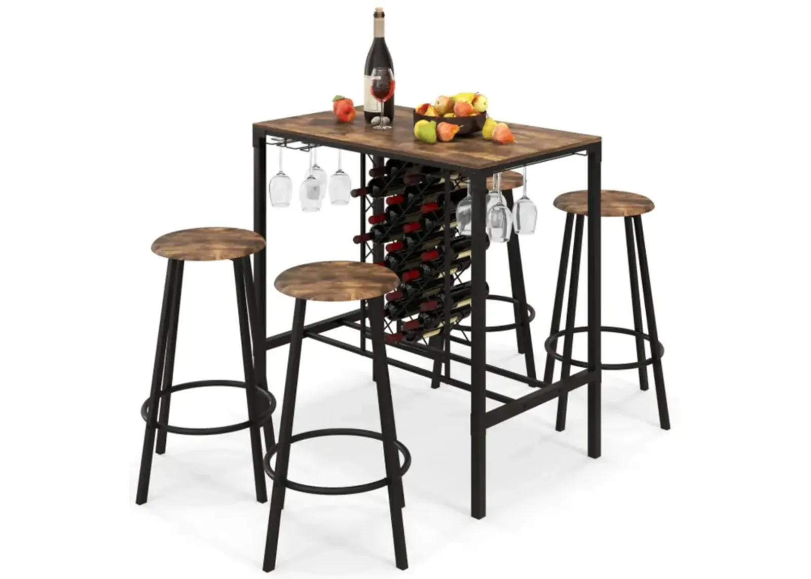 Hivvago 5 Pieces Bar Table and Stools Set with Wine Rack and Glass Holder-Rustic Brown