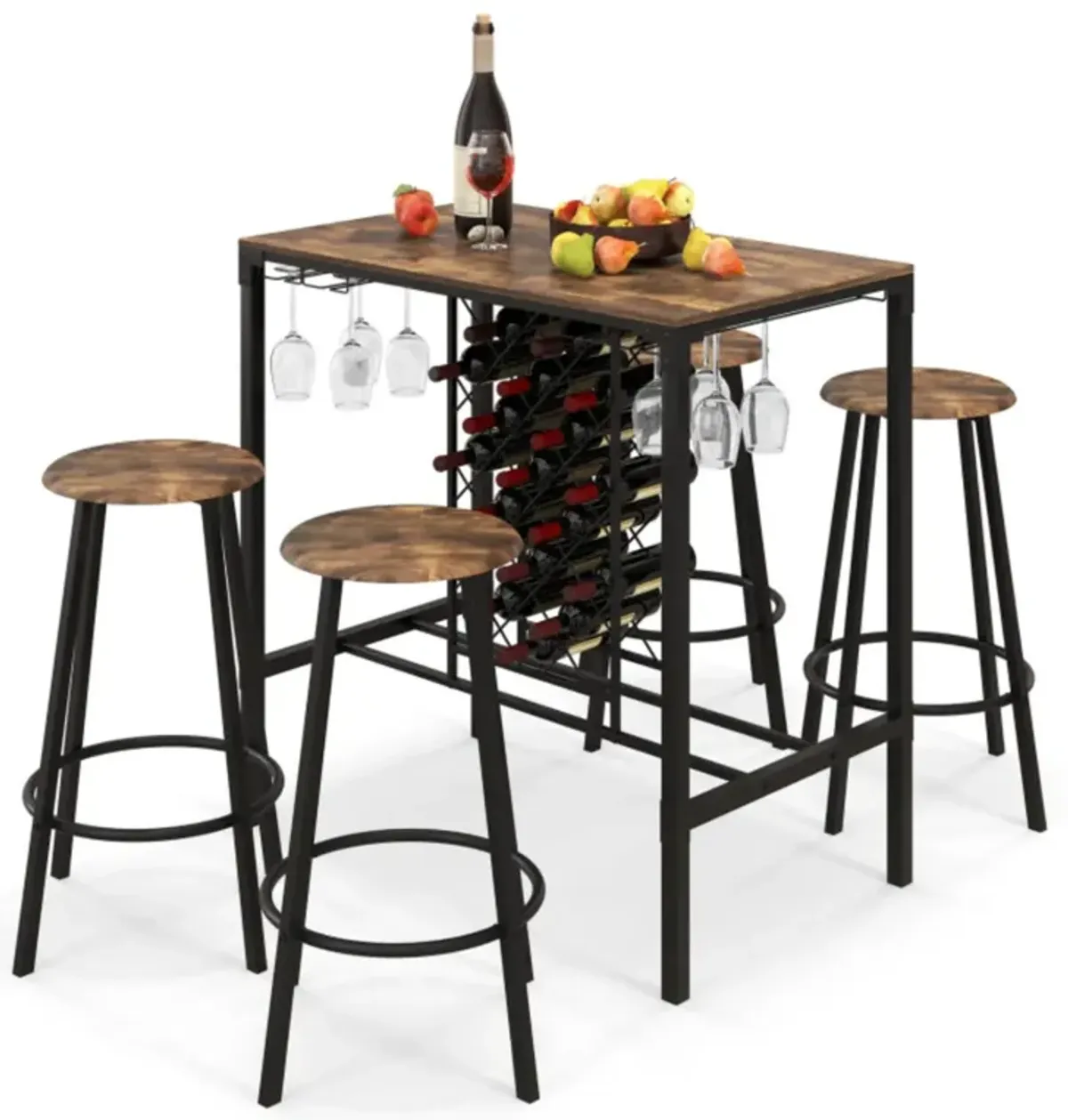 Hivvago 5 Pieces Bar Table and Stools Set with Wine Rack and Glass Holder-Rustic Brown