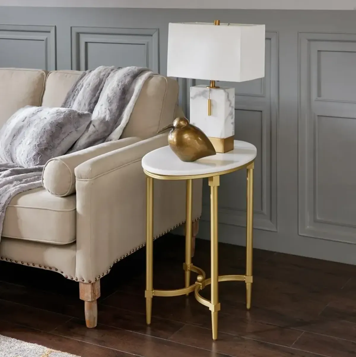 Gracie Mills Marlee White Marble and Gold Metal Oval End Table