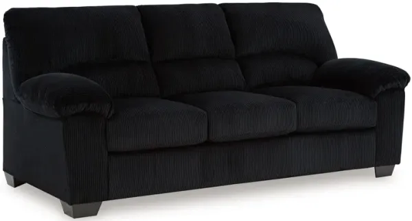 Simy Sofa, 83 Inch Black Polyester Corduroy, Modern Plush Pillow Arms - Benzara