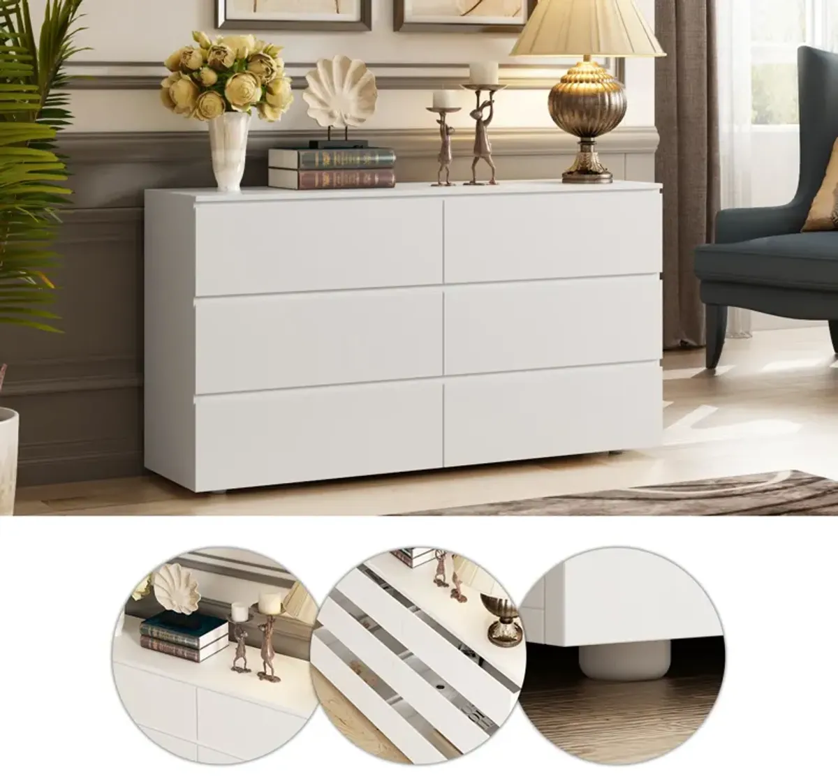 6-Drawers White Wood Chest of Drawer Accent Storage Cabinet Organizer 59 in. W x 15.7 in. D x 32.3 in. H