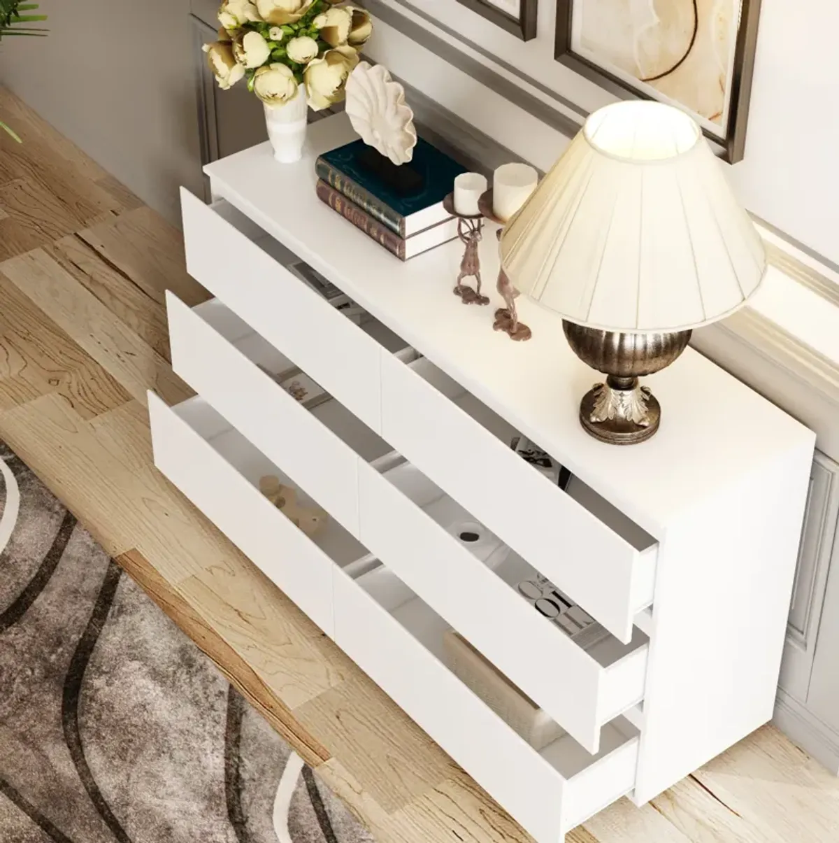 6-Drawers White Wood Chest of Drawer Accent Storage Cabinet Organizer 59 in. W x 15.7 in. D x 32.3 in. H