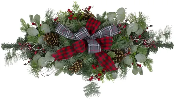 36" Dual Plaid Bows and Red Berries Artificial Christmas Swag - Unlit
