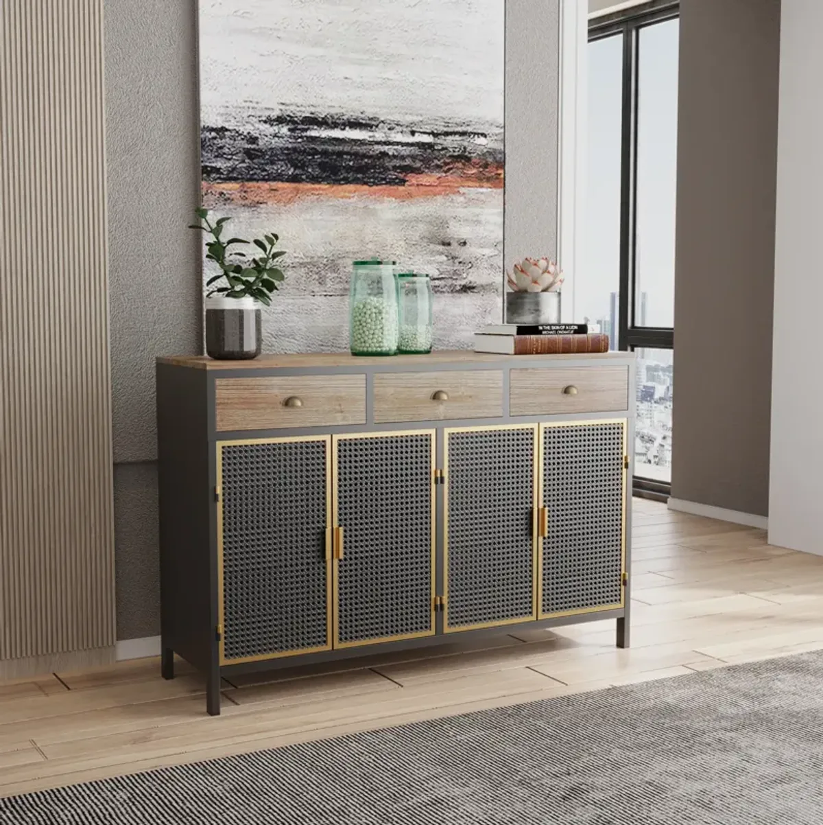 48" Wide 4 Doors Modern Sideboard with 3 Top Drawers, Freestanding Sideboard Storage Cabinet Entryway Floor Cabinet for Living Room Office Bedroom