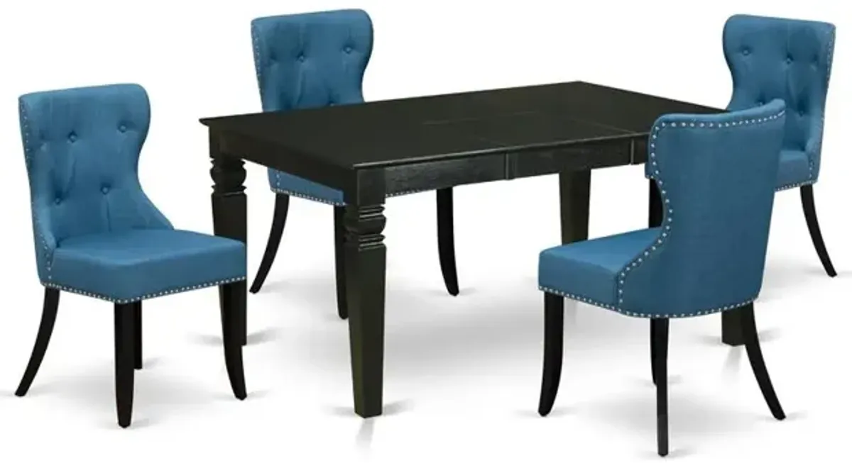 East-West Furniture WESI5-BLK-21 - A dining set of 4 great dining chairs using Linen Fabric Mineral Blue color and a gorgeous wooden dining table with Black color