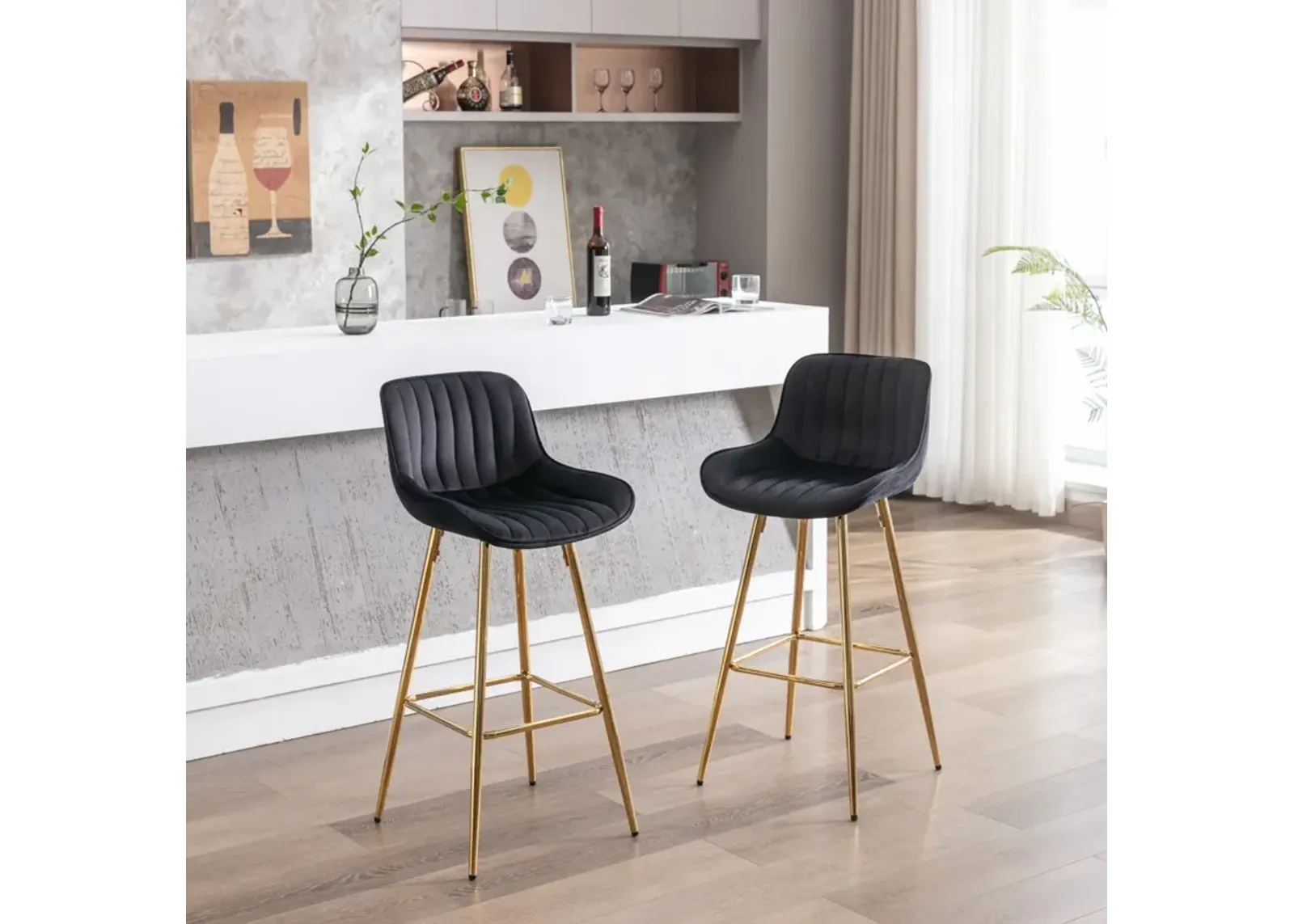 30 inch Set of 2 Bar Stools, with Chrome Footrest Velvet Fabric Counter Stool Golden Leg Simple High Bar Stool, black