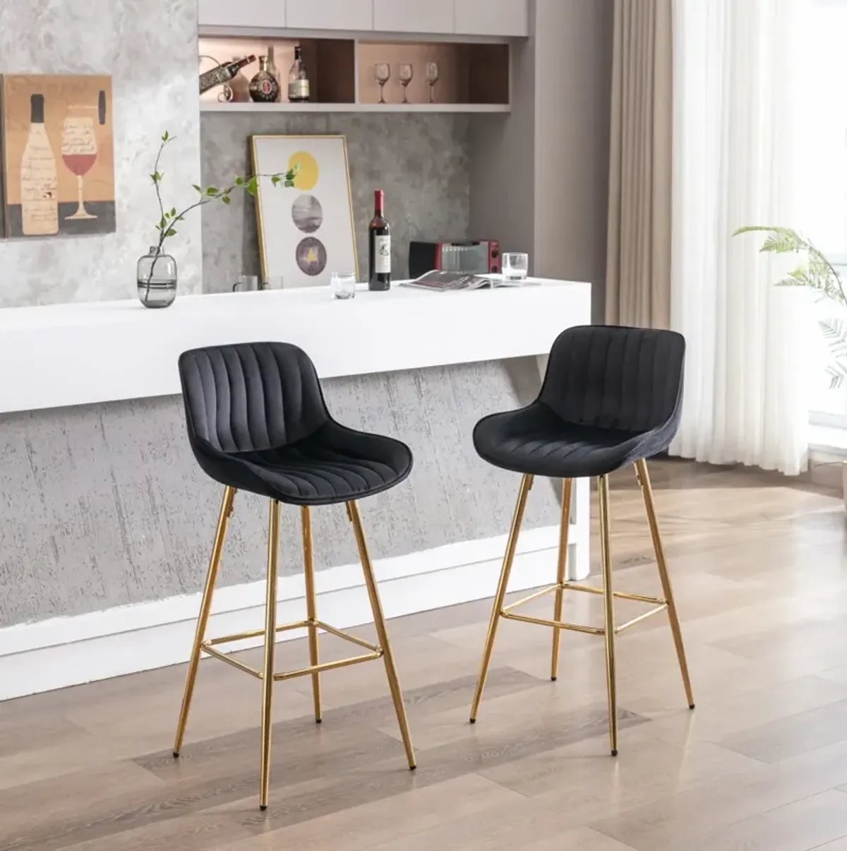 30 inch Set of 2 Bar Stools, with Chrome Footrest Velvet Fabric Counter Stool Golden Leg Simple High Bar Stool, black