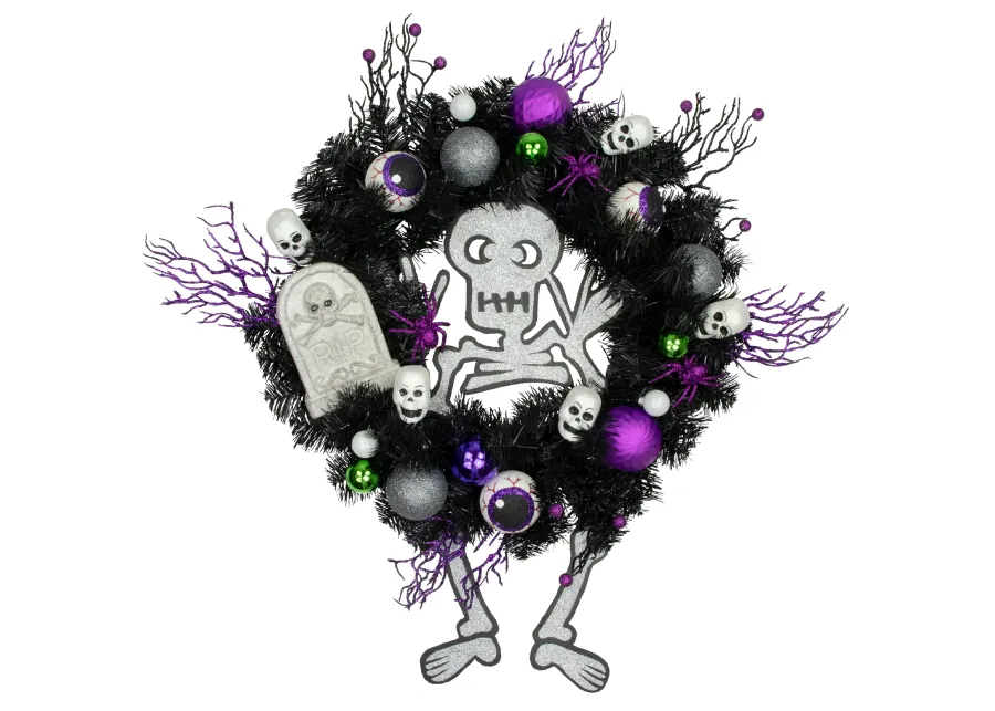 Purple and Black Spooky Skeleton Pine Halloween Wreath  24-Inch  Unlit