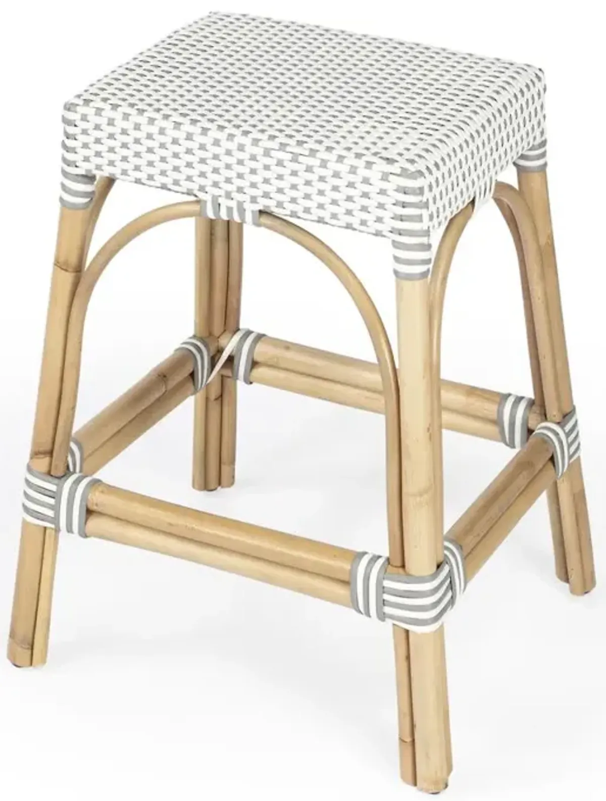 Butler Specialty Company Robias Rectangular Rattan 24.5 Counter Stool, Gray and White Dot