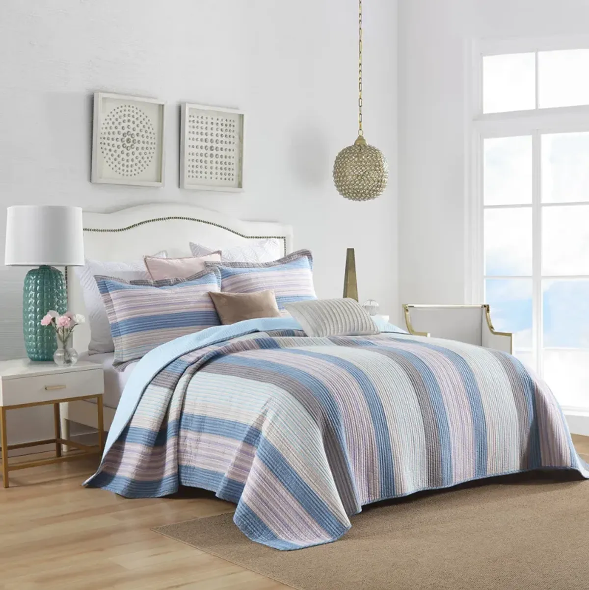 MarCielo 3Pcs 100% Cotton Quilt Bedspread Set Reversible Bedding Striped King