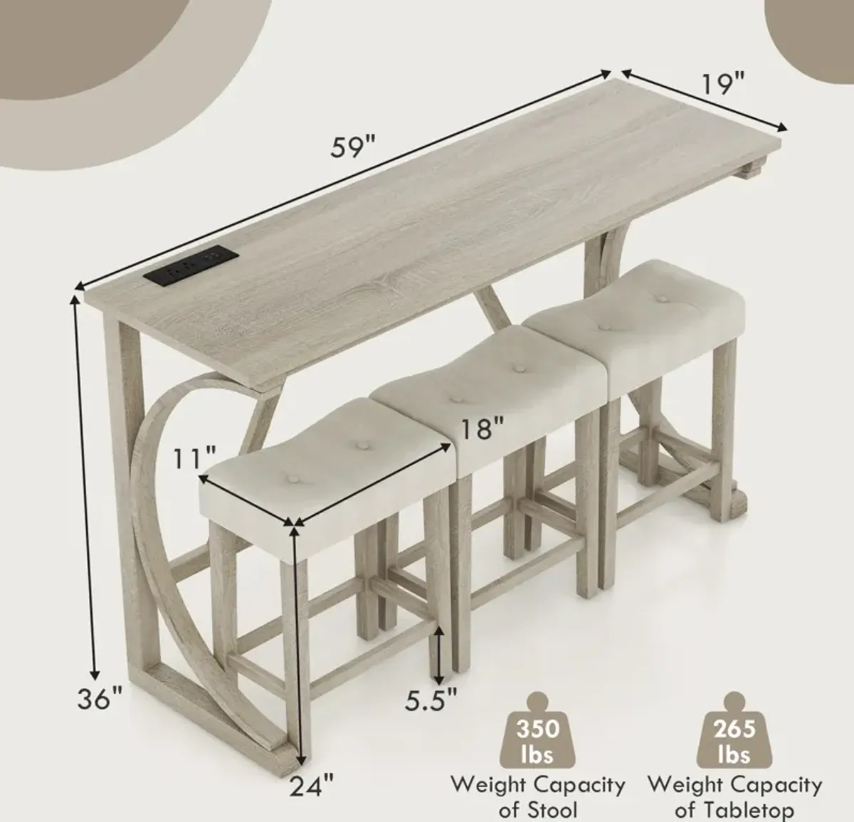 4-Piece Bar Table Set with Power Outlet and Upholstered Saddle Seat Stools