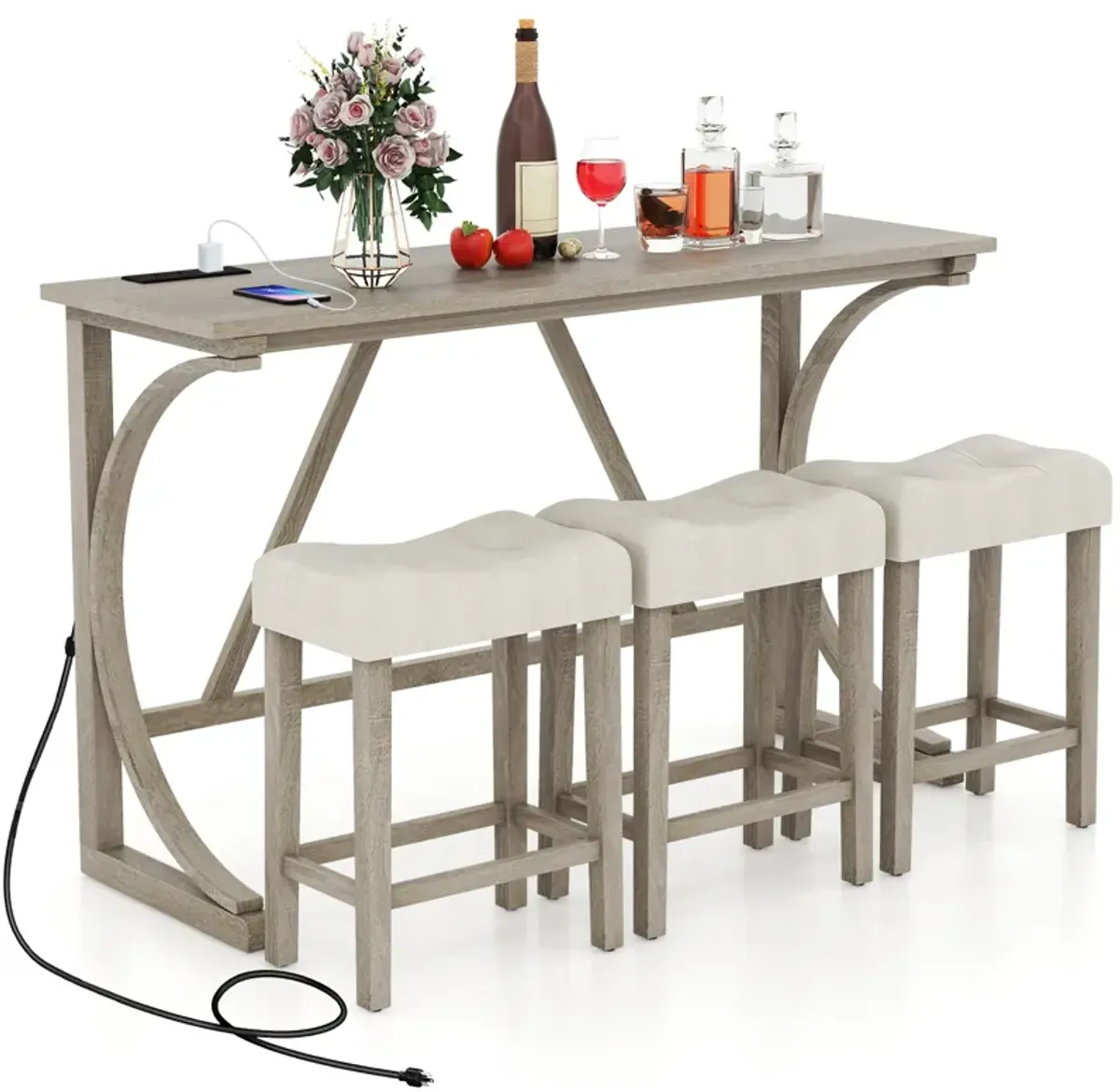 4-Piece Bar Table Set with Power Outlet and Upholstered Saddle Seat Stools