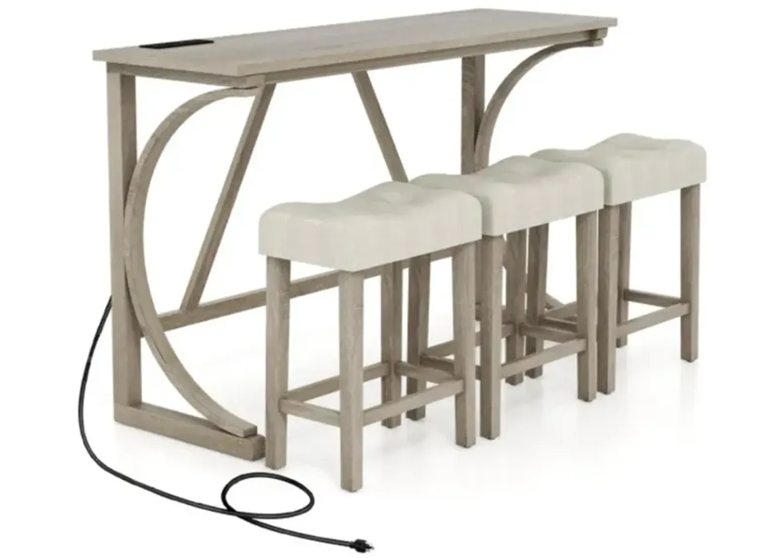 4-Piece Bar Table Set with Power Outlet and Upholstered Saddle Seat Stools