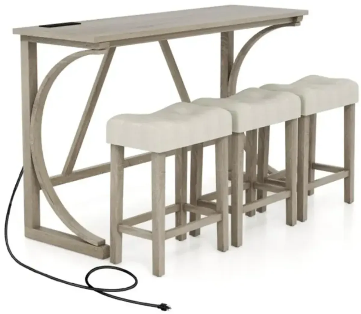 4-Piece Bar Table Set with Power Outlet and Upholstered Saddle Seat Stools