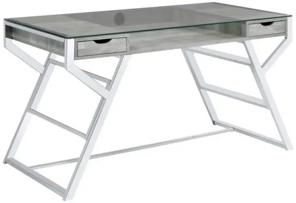 Glass Top Writing Desk with 2 Drawers, Gray and Chrome-Benzara