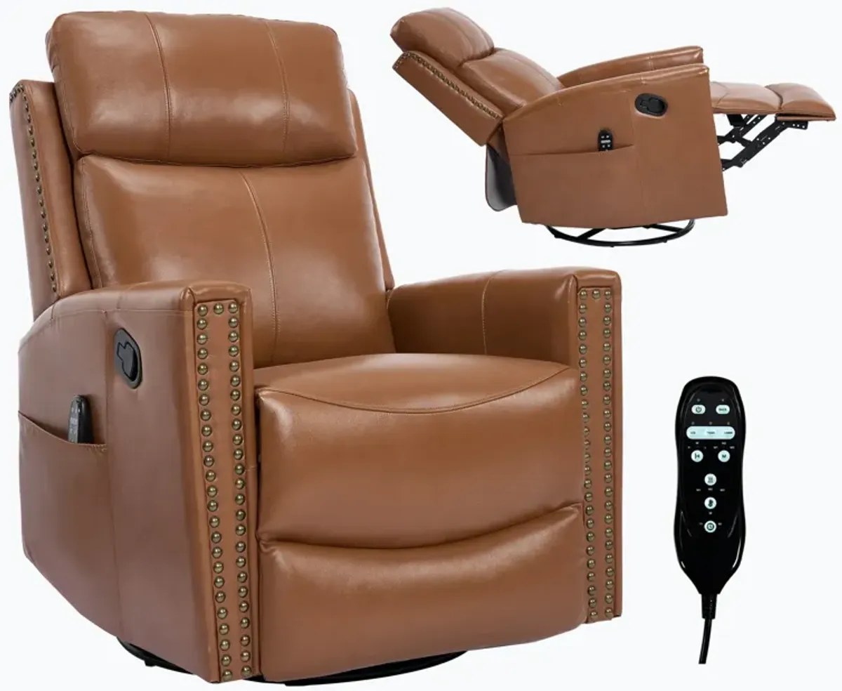 Camel Brown Genuine Leather Heat Massage Manual Recliner Chair with Rocker and Swivel for Living Room