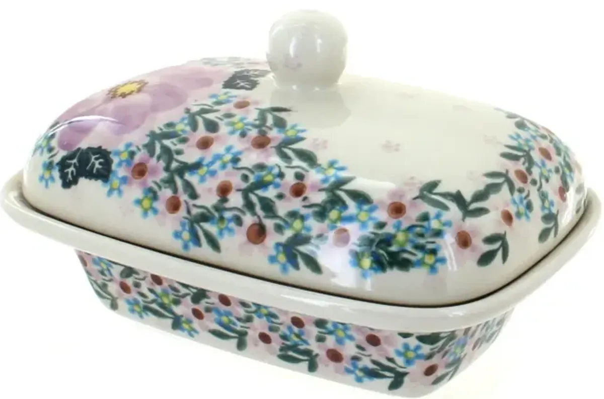 Blue Rose Polish Pottery Garden Butterfly Butter Tub
