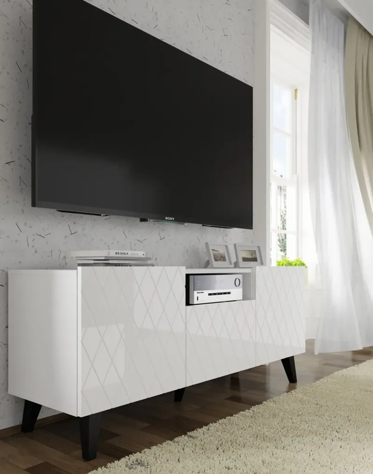 TV Stand DIUNA 3D 57'' Lowboard Milled MDF Fronts, White High Gloss