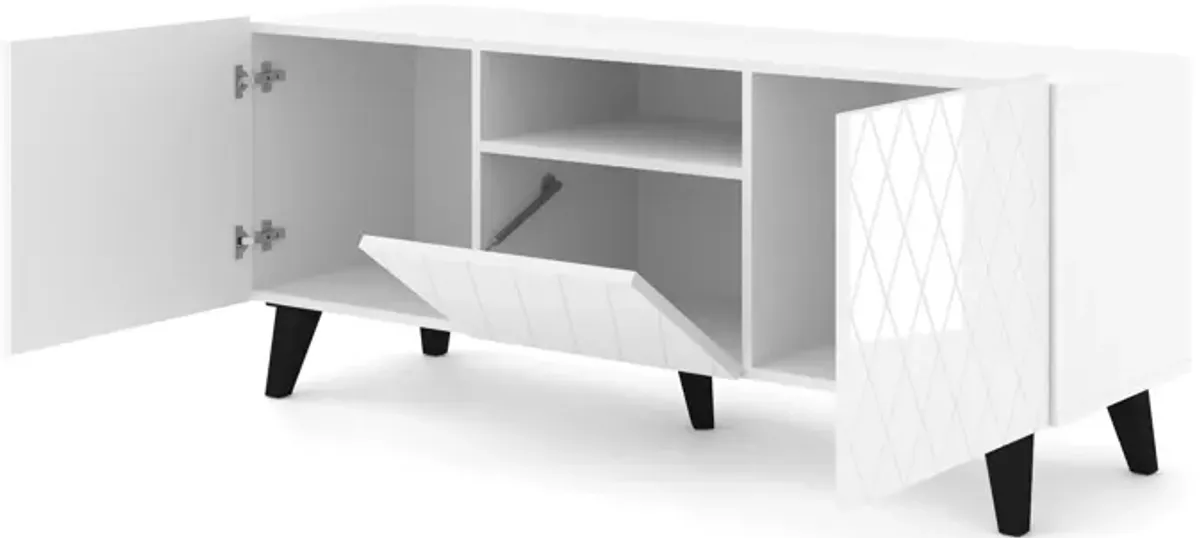 TV Stand DIUNA 3D 57'' Lowboard Milled MDF Fronts, White High Gloss