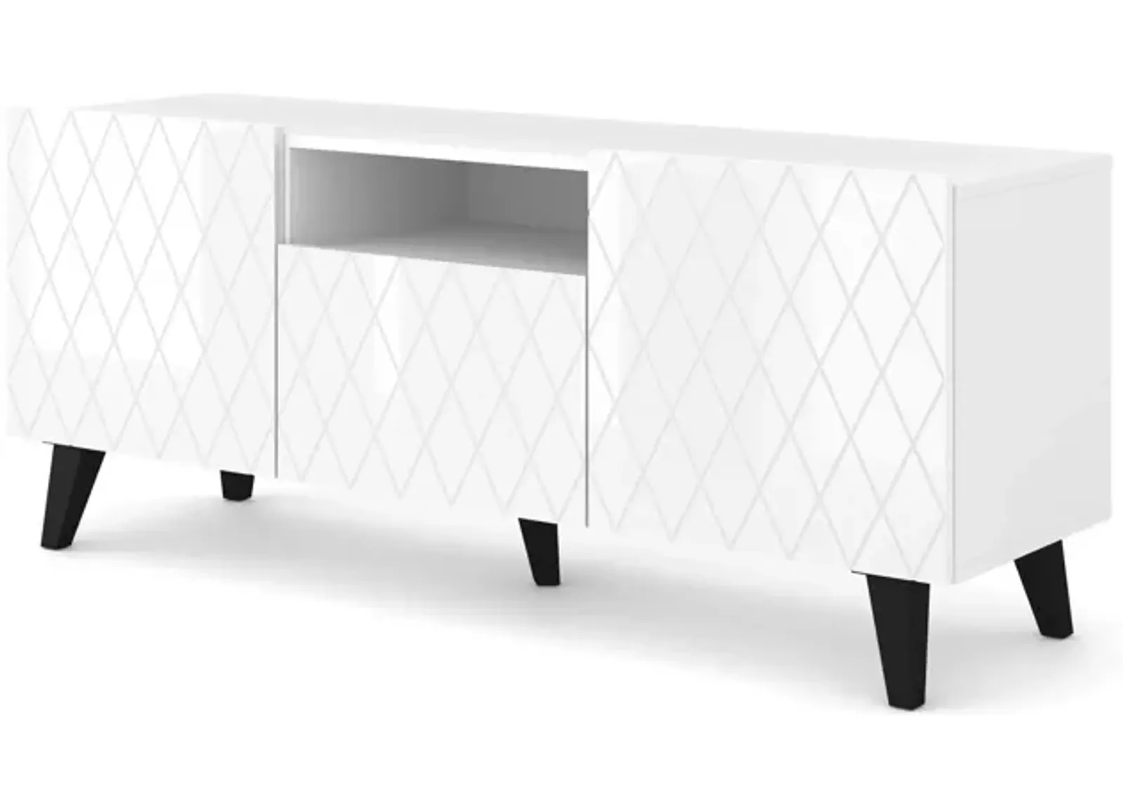 TV Stand DIUNA 3D 57'' Lowboard Milled MDF Fronts, White High Gloss